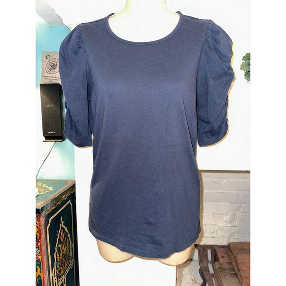 FRAME NAVY RUCHED SLEEVE 100% COTTON TEE S - Picture 1 of 8